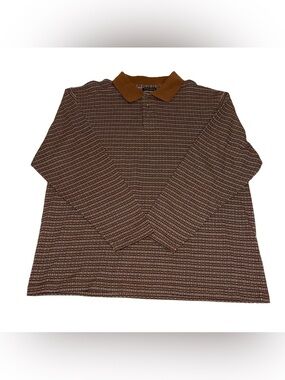 Knightsbridge Mens Large Knit Polo Shirt Long Sleeve Brown Geo Jacquard Cotton